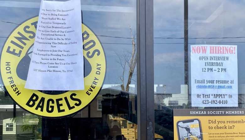 Einstein Bros. Bagels in East Brainerd closed temporarily because of being short staffed.