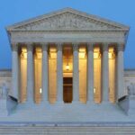 west facade of United States Supreme Court Building at dusk in Washington, D.C., USA