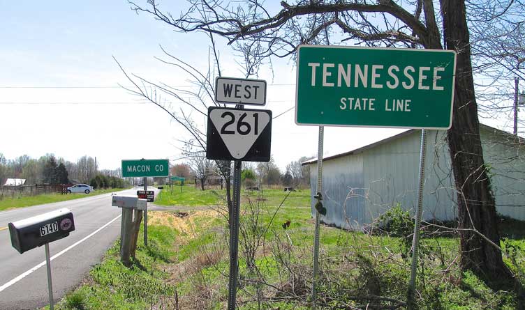 Tennessee State Route 261 at the Tennessee-Kentucky state line in Macon County, Tennessee