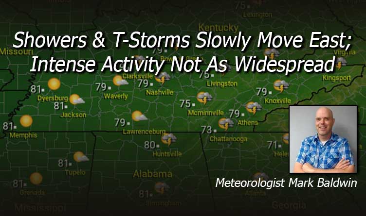Showers & T-Storms Slowly Move East; Intense Activity Not As Widespread