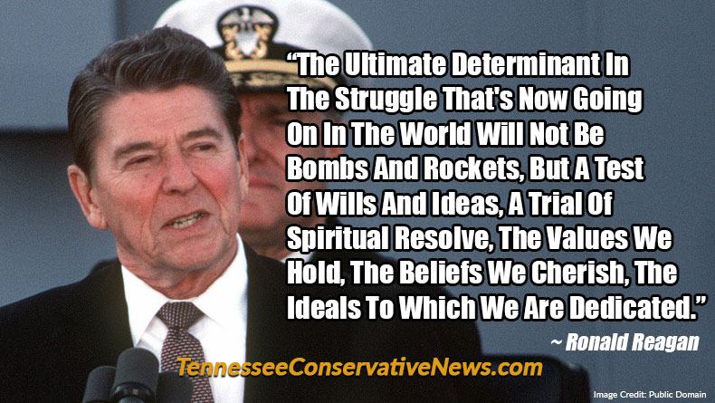 The Ultimate Determinant In The Struggle That's Now Going On In The World Will Not Be Bombs And Rockets, But A Test Of Wills And Ideas, A Trial Of Spiritual Resolve, The Values We Hold, The Beliefs We Cherish, The Ideals To Which We Are Dedicated. ~ Ronald Reagan Quote Meme