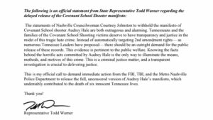 Conservative TN Lawmaker Calls For Immediate Release Of Covenant School Shooter Manifesto