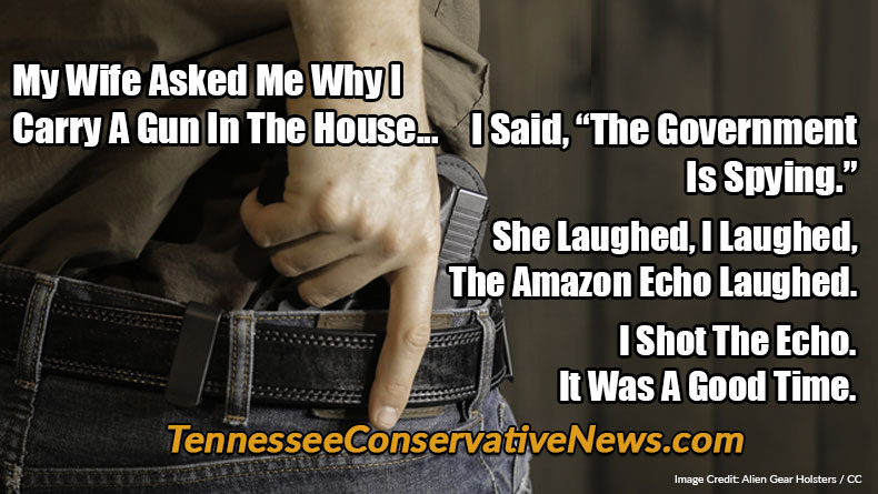 My Wife Asked Me Why I Carry A Gun In The House. I Said The Government Is Spying. She Laughed, I Laughed, The Amazon Echo Laughed. I Shot The Echo. It was a good time. - Meme