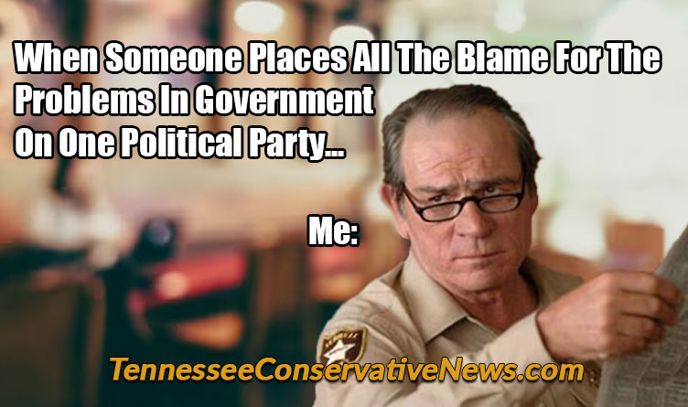 When Someone Places All The Blame For The Problems In Government On One Political Party... Me - Tommy Lee Jones looking over newspaper meme