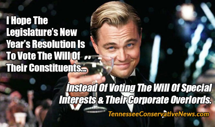 I Hope The Legislature’s New Year’s Resolution Is To Vote The Will Of Their Constituents... Instead Of Voting The Will Of Special Interests & Their Corporate Overlords. - Leonardo DiCaprio toast meme