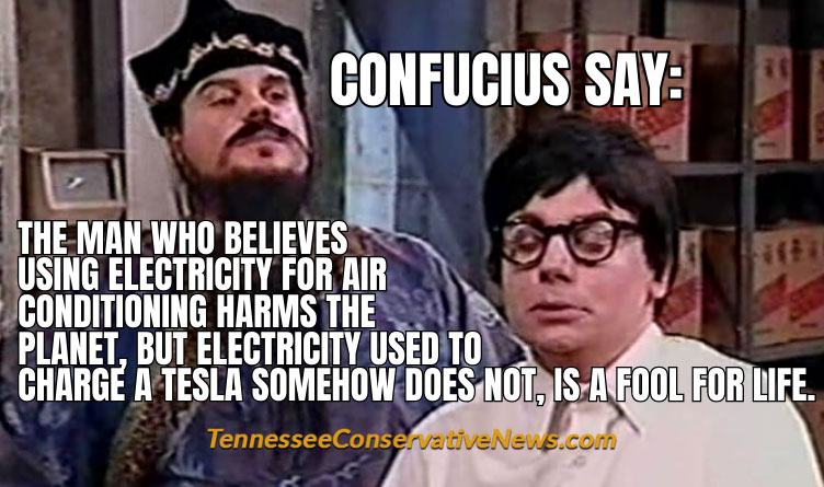 Confucius Say: The MAn Who Believes Using Electricity For Air Conditioning Harms The Planet, But Electricity Used To Charge A Tesla Somehow Does Not, Is A Fool For Life. - Saturday Night Live Fortune Cookie Meme