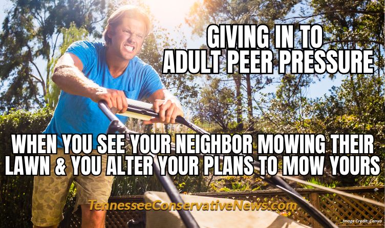 Giving In To Adult Peer Pressure... When You See Your Neighbor Mowing Their Lawn & You Alter Your Plans To Mow Yours. -MEME