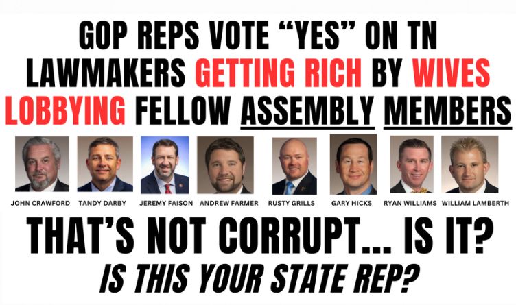 GOP Reps Vote "YES" On Tennessee Lawmakers Getting Rich By Wives Lobbying Fellow Assembly Members. That's Not Corrupt...Is It? Is This Your State Rep? - Meme