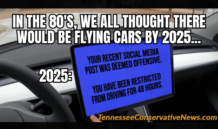 In the 80's, We All Thought There Would Be Flying Cars By 2025... 2025: Your Recent Social Media Post Was Deemed Offensive. You Have Been Restricted From Driving For 48 Hours. - Meme