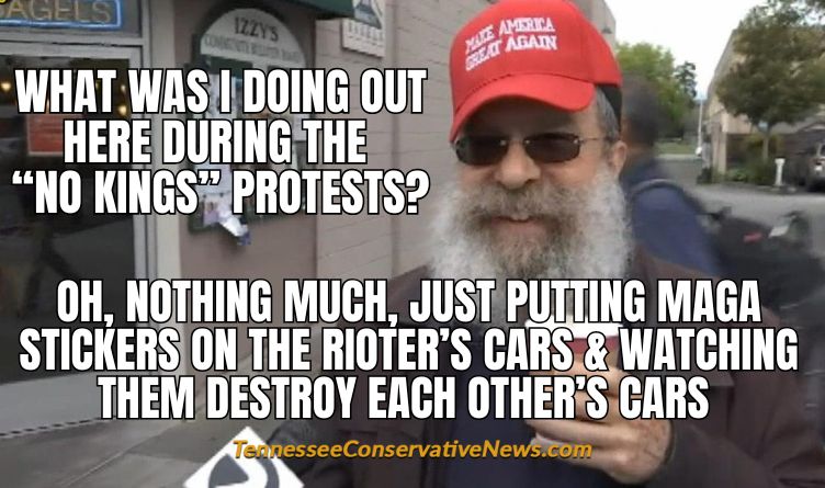 What Was I Doing Out Here During The “No Kings” Protests? Oh, Nothing Much, Just Putting MAGA Stickers On The Rioter’s Cars & Watching Them Destroy Each Other’s Cars - Meme