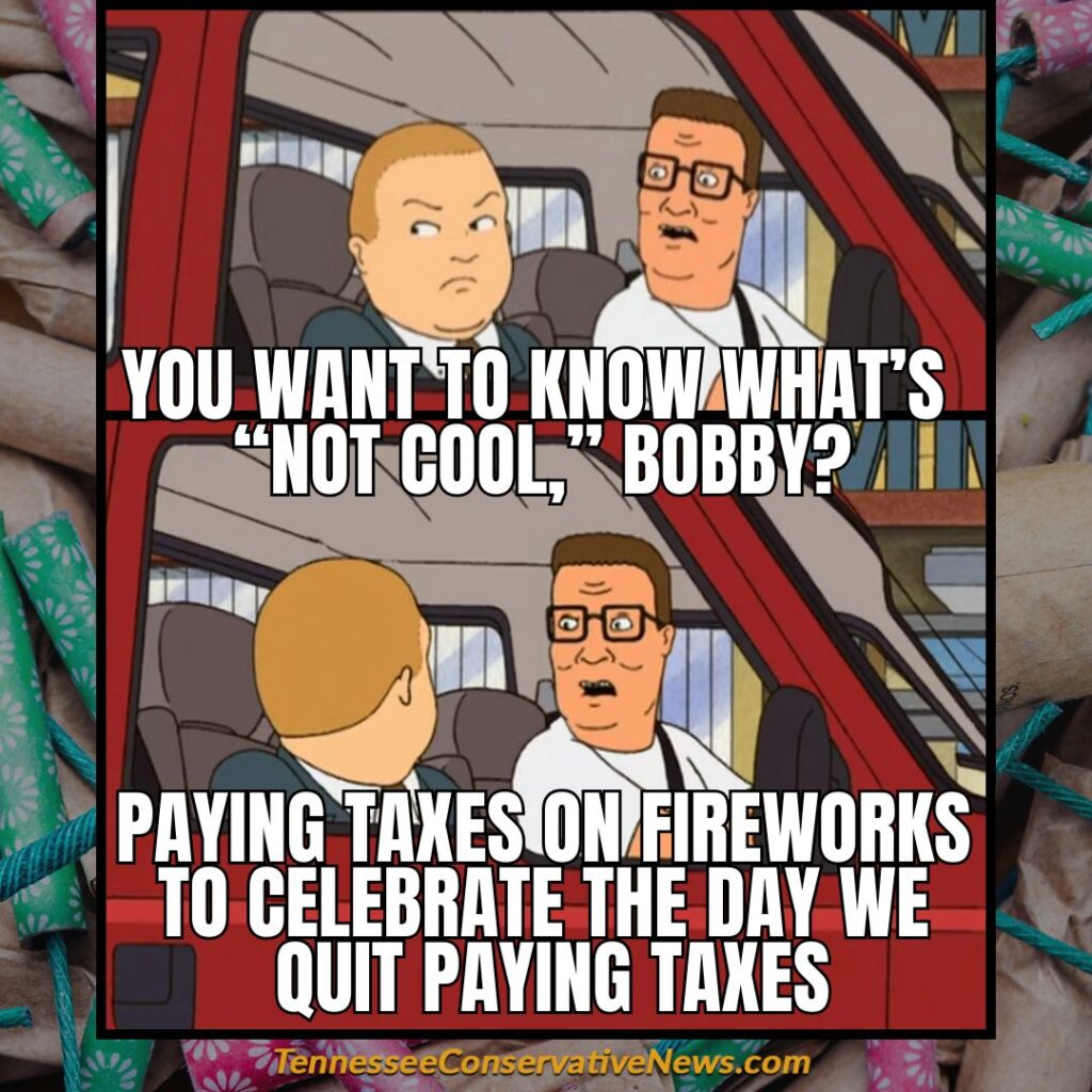 You Want To KnOw What’s 
“Not Cool,” Bobby?
Paying Taxes On Fireworks 
To Celebrate The Day We Quit Paying Taxes... Meme - King of the Hill
