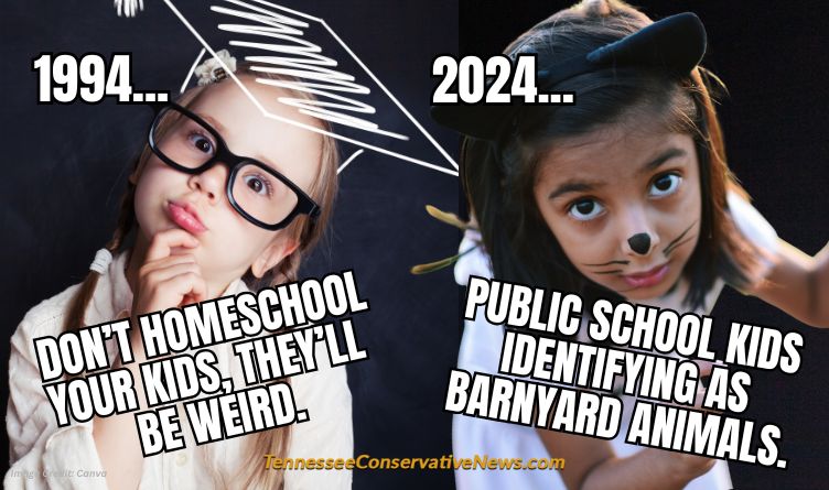 1994... Don’t Homeschool Your Kids, They’ll Be Weird. 2024... Public School Kids Identifying As Barnyard Animals. - Meme